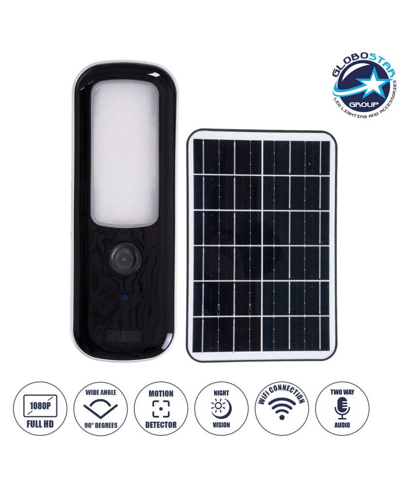 GloboStar® 86073 Αυτόνομος Ηλιακός Επιτοίχιος Προβολέας LED SMD 12W 600lm με IP Camera 1080P 2MP WiFi 150° Μοιρών - Ενσωματωμένη Μπαταρία 2500mAh - Φωτοβολταϊκό Πάνελ - Αισθητήρα Ημέρας-Νύχτας & Ρύθμιση Χρόνου Ανάμματος - Αδιάβροχος IP66 Ψυχρό Λευκό 6000K